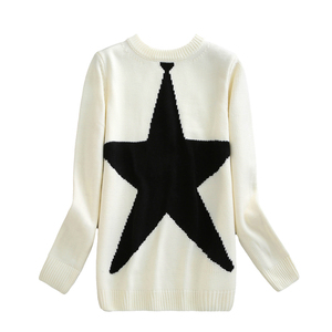 韩孝周同款简约慵懒 五角大星星米色中长款宽松针织毛衣