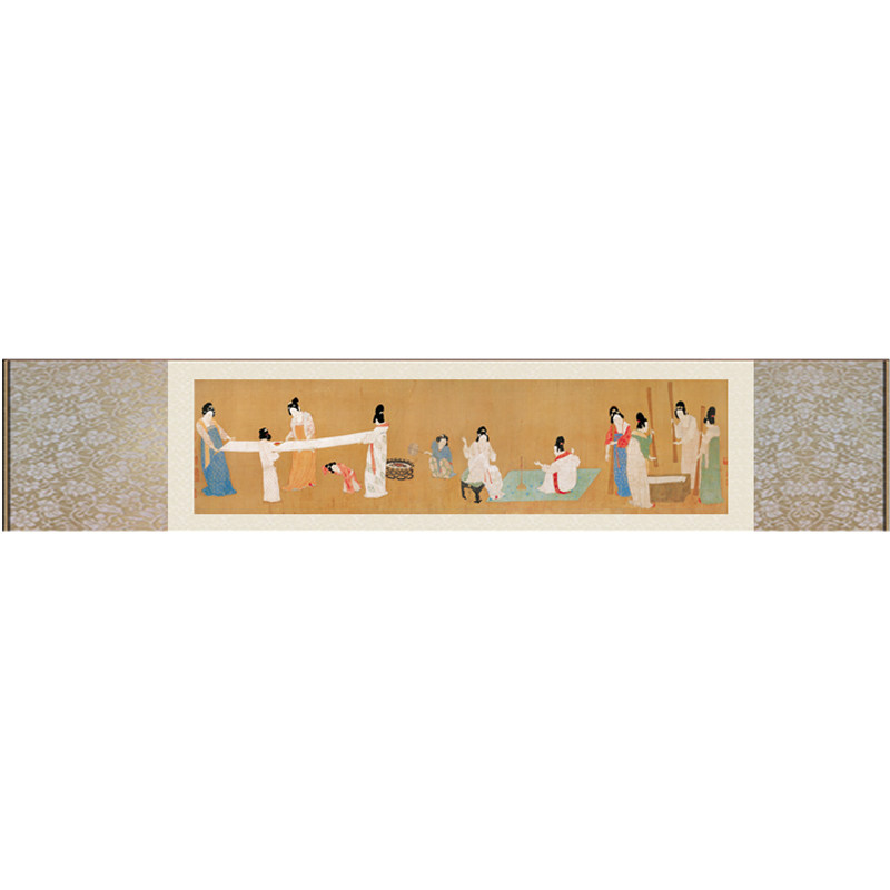 仕女图长卷茶室墙纸壁画书房装饰画卷轴画挂画宋微宗捣练图丝绸画