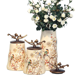 客厅玄关柜花鸟罐摆件 欧式美式创意时尚家居软装饰品样板房摆设