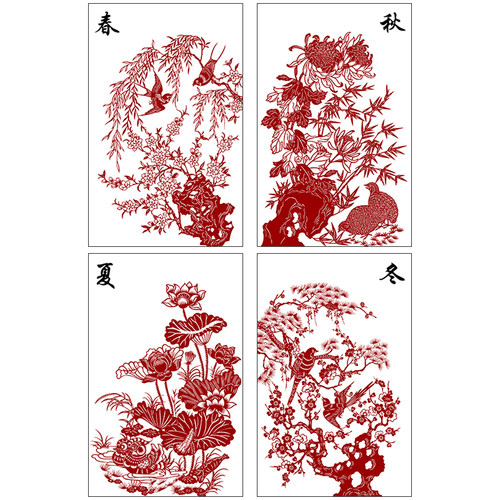 JP55春夏秋冬剪纸图案打印底稿 高清中国风花鸟手工刻纸图样素材