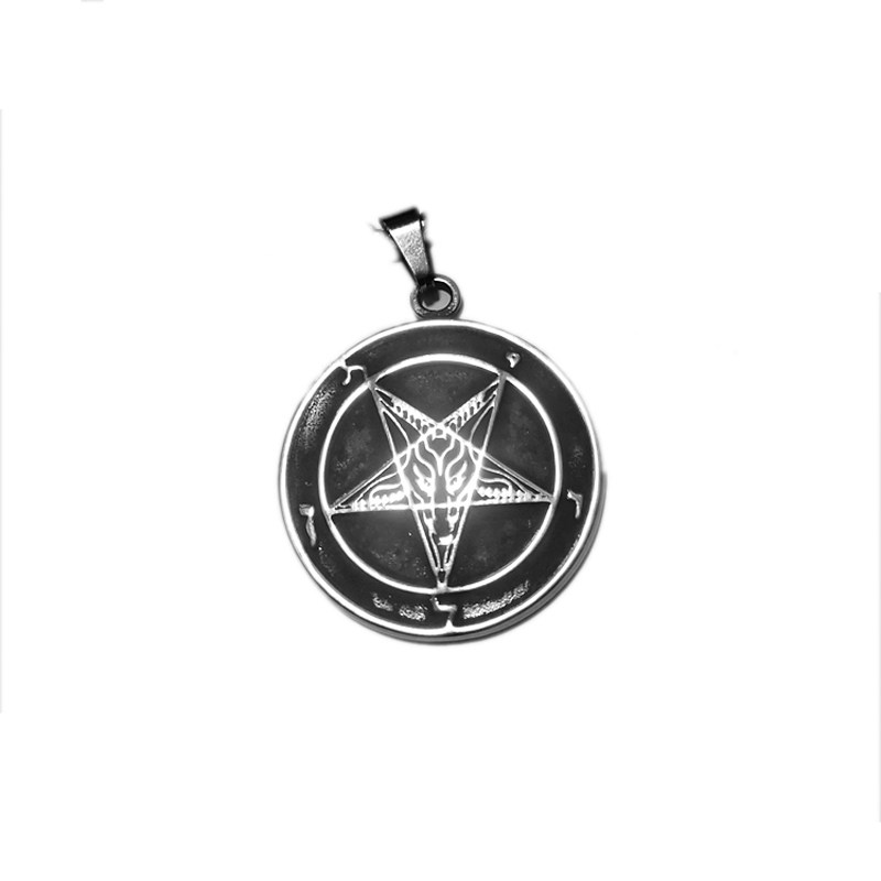 离街】PENTAGRAM巴风特恶魔双面Lucifer金属风格摇滚项链钛钢吊坠