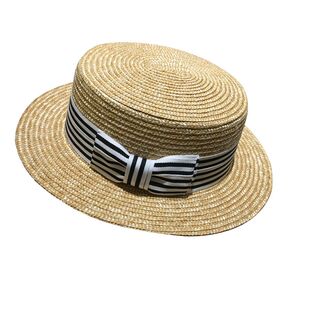 boater hat 复古文艺 ca4la经典条纹麦秆平檐草帽直筒小檐遮阳帽