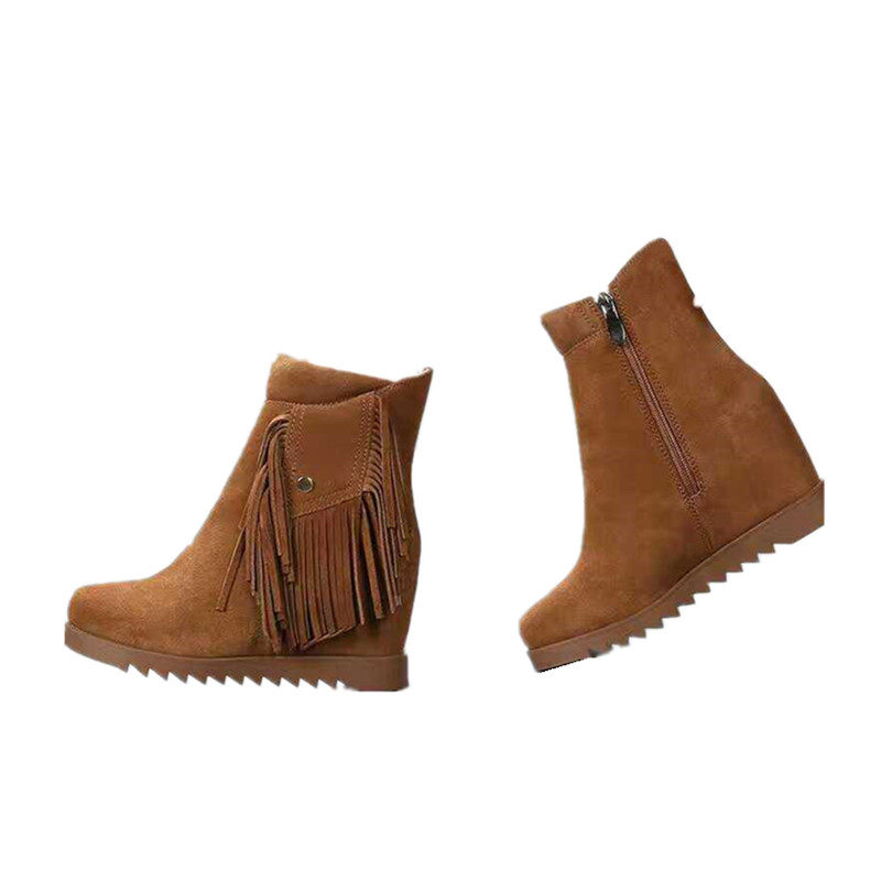 焦点女孩秋冬新款女鞋真皮15853-16磨砂内增高百搭流苏短靴子女鞋