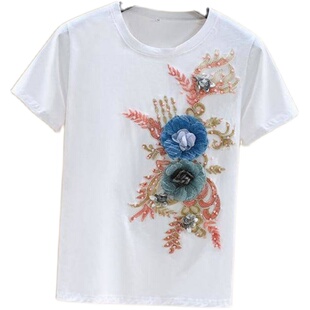 欧洲站2024夏季新款韩版重工钉珠刺绣短袖+小脚破洞牛仔裤套装女