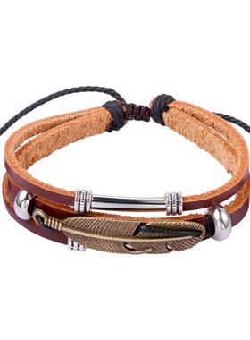 复古皮绳手链男潮饰品羽毛手绳