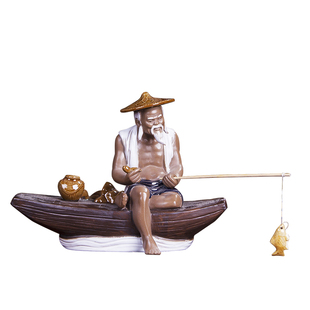 石湾公仔陶瓷古典人物雕家居书房摆件假山流水盆景装饰姜太公钓鱼