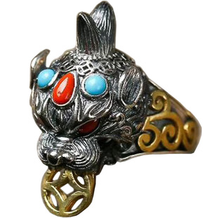 貔貅纯银戒指男款活口可调节指环复古民族风手工银饰镶嵌松石南红