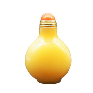 鸡油色琉璃蛋黄天青带铜勺鼻烟壶精致良好烟具古典工艺特色#