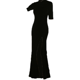 金丝绒旗袍中袖长款秋冬中年女妈妈高端弹力修身气质改良版鱼尾裙