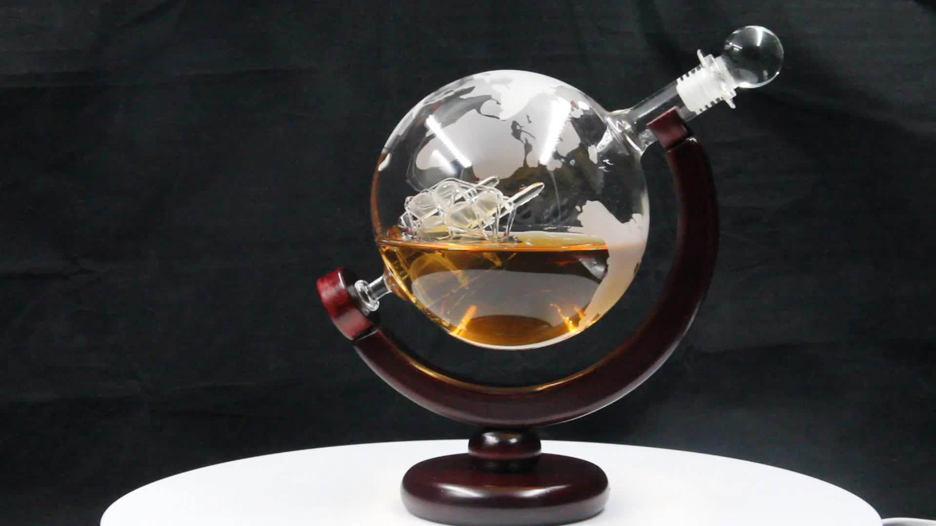 28oz Etched World Globe Decanter For Whiskey Or Wine With Antique Ship