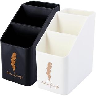 简约梯形笔筒3格隔层羽毛学生用文具复古北欧风格黑白色办公创意时尚可爱卡通收纳盒个性桌面大容量