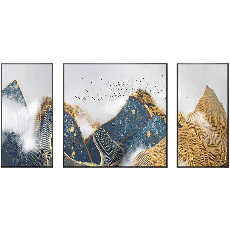 手绘三联画新中式山景沙发组合画