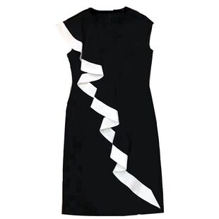 气质OL女性职业连衣裙木耳边撞色修身收腰显瘦名媛洋装小礼服派对