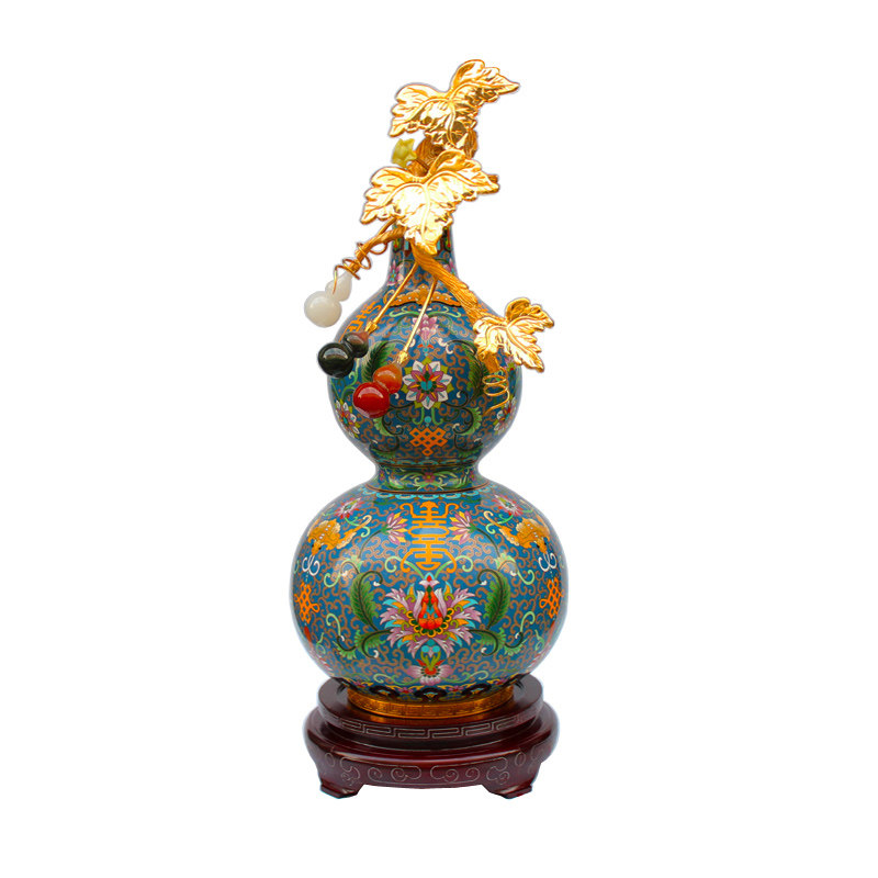 收藏精品景泰蓝福寿绵长葫芦尊金镶玉铜钱铜葫芦瓶摆件张向东作品