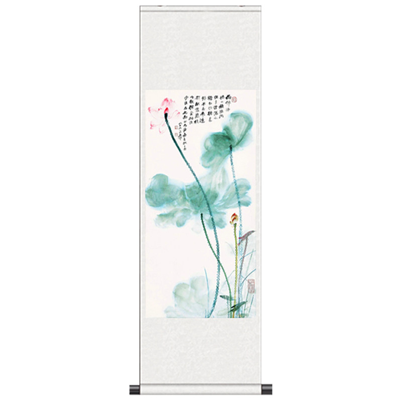长大千水墨莲花丝绸挂画送客户送老外轻纱荷花风水画定制卷轴礼品