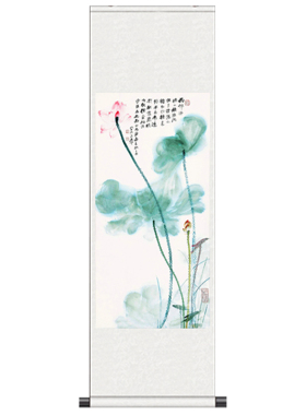 长大千水墨莲花丝绸挂画送客户送老外轻纱荷花风水画定制卷轴礼品