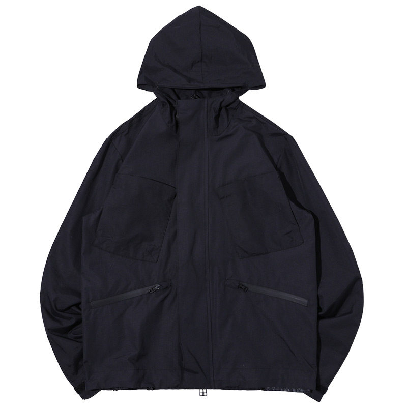 衣的型品春季新款连帽机能夹克男暗黑宽松工装冲锋衣侧边拉链外套