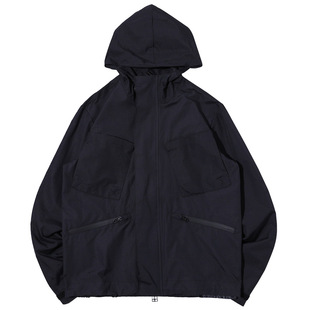 衣的型品春季新款连帽机能夹克男暗黑宽松工装冲锋衣侧边拉链外套