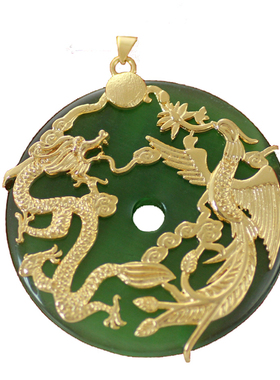 双龙戏珠猫眼石平安扣金镶玉吊坠