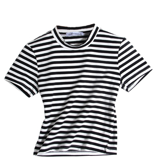 短款高腰露脐T恤女短袖紧身韩版黑白条纹短装打底衫夏女装上衣棉
