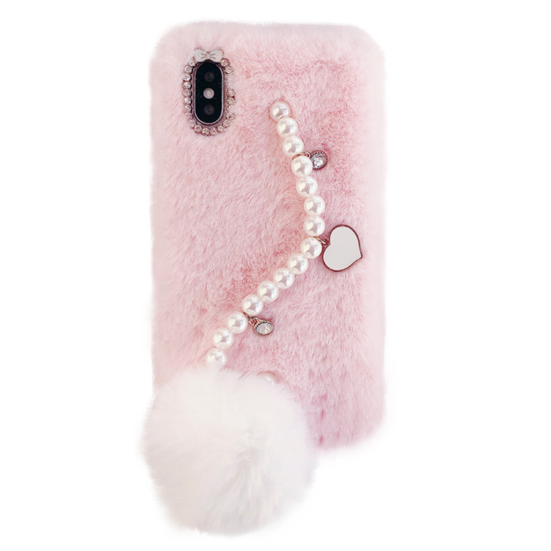 秋冬新款适用苹果15手机壳毛绒iphone16Promax仿兔毛14女珍珠链12