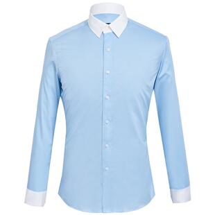 浅蓝色衬衫男长袖撞色领修身抗皱商务职业上班正装拼色白领衬衣