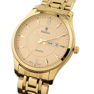 正品佰镀时金色手表 进口机芯双日历钢带男表 时尚水钻防水女士表