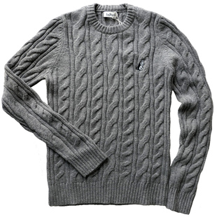 圆领麻花毛衣美式休闲复古男修身百搭羊毛混纺多色厚粗毛线针织衫