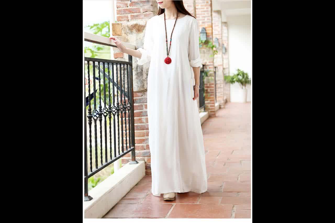 2017 New Original Cotton Linen Material White Maxi Dress For Women