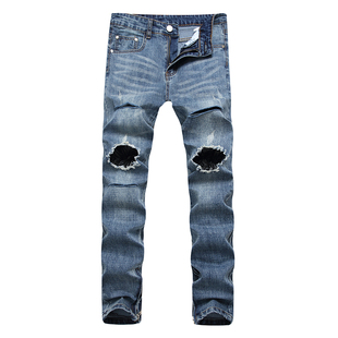 潮牌FOG破洞牛仔裤男修身长裤潮流高街内侧拉链小脚裤子蓝色