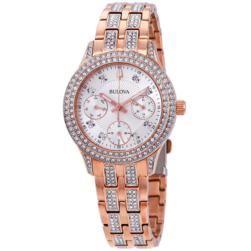 代购正品宝路华Bulova 玫瑰金水晶镶钻三眼钢带夜光女手表98N113
