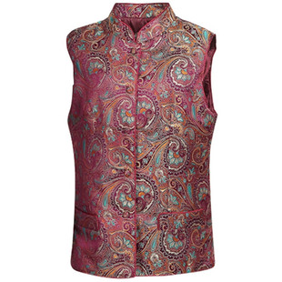 高级中老年真丝绸缎唐装马甲缎面国风红色女装中式织锦缎丝绸上衣