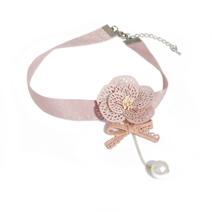 艾米米饰品花朵超柔缎带优雅珍珠颈链晚会公主颈饰女锁骨新品项链