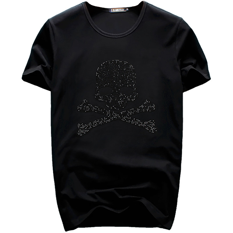 韩版夏季男士骷髅头烫钻T恤莱卡潮男圆领修身短袖半袖打底衫小伙