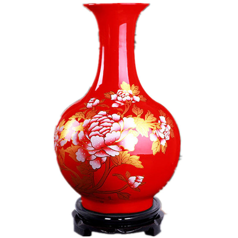 景德镇陶瓷器中国红花瓶中号新房客厅摆件工艺品红色家居新婚用品