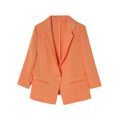 FBB WORKS 棉麻小西装外套女修身韩版一粒扣七分袖薄款短款西服