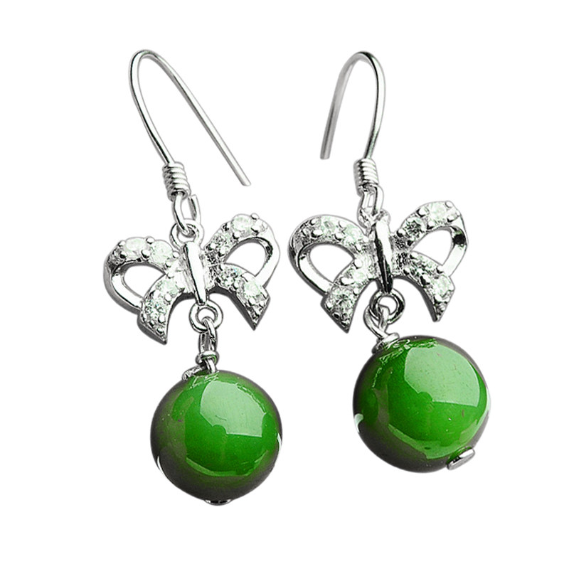 正品天然和田碧玉圆珠耳坠 菠菜绿碧玉镶嵌925银耳环时尚女士耳饰