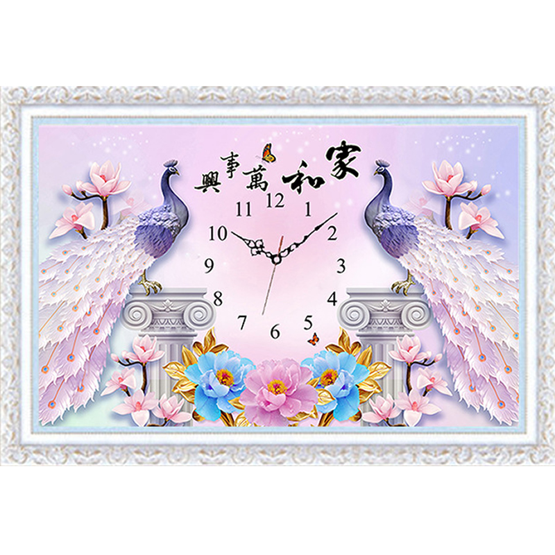 钟表钻石画孔雀客厅现代花开富贵