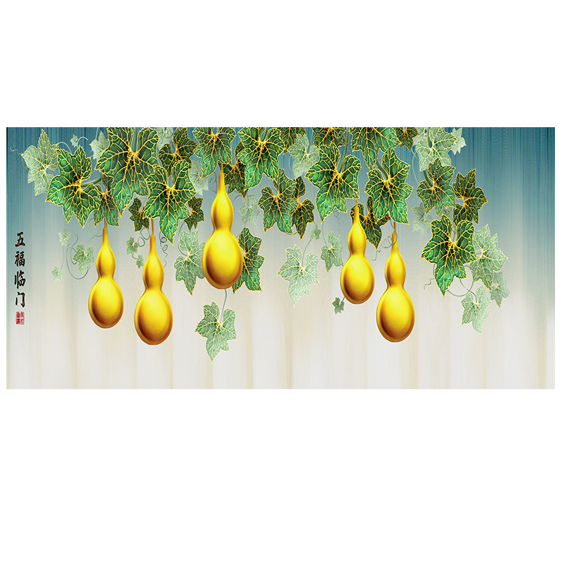 五福临门葫芦风水挂画室内客厅壁画布画墙画自粘画芯贴画横版墙布