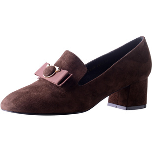 VDVC奶奶鞋新款羊皮方头羊皮女鞋咖啡色蝴蝶结粗跟单鞋4cm中跟鞋