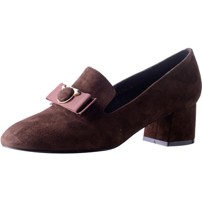 VDVC方头咖啡色羊皮通勤粗跟女鞋