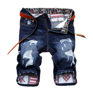 夏季锦鲤刺绣牛仔短裤男款直筒宽松五分中裤休闲薄款弹力七分裤子