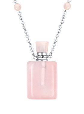 天然粉水晶香薰精油瓶珠宝银项链