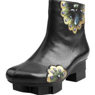 相伴真皮短靴女宫廷皮鞋中式女鞋复古靴子民族风孔雀荷花皮靴冬