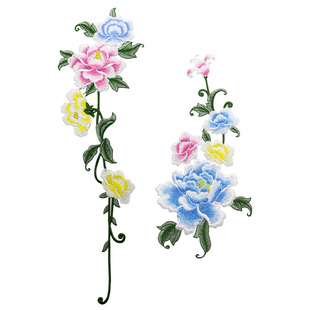 牡丹花长款布贴 花边机绣长款中国风服饰装饰贴花羽绒服补洞手缝