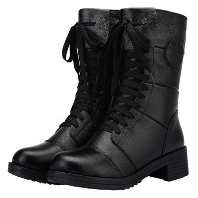 新款全真皮马丁平底系带中筒靴