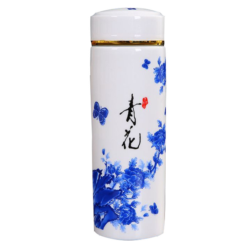 景德镇青花玲珑镂空保温杯双层简约陶瓷杯便携水杯男女士办公水壶