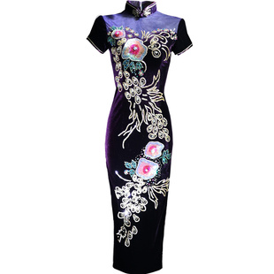 妈妈高贵长款礼服岳母喜婆婆高端婚宴走秀大面积绣花丝绒旗袍裙