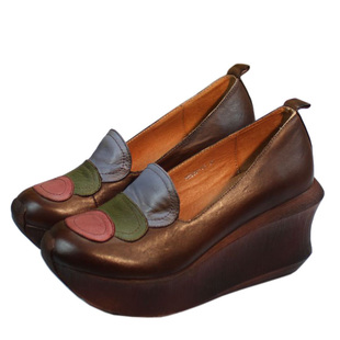 春季新款手工头层牛皮文艺清新厚底坡跟增高秀气显瘦单鞋女船鞋