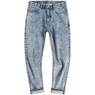 复古雪花九分牛仔裤男款复古直筒宽松赤耳丹宁小脚夏款裤子潮流